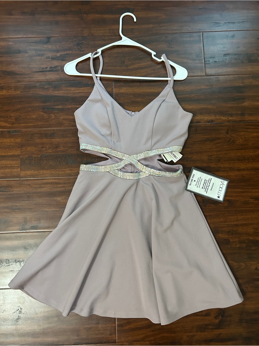 Macy's Lavender Spaghetti-Strap Mini Dress with Rhinestone Waist